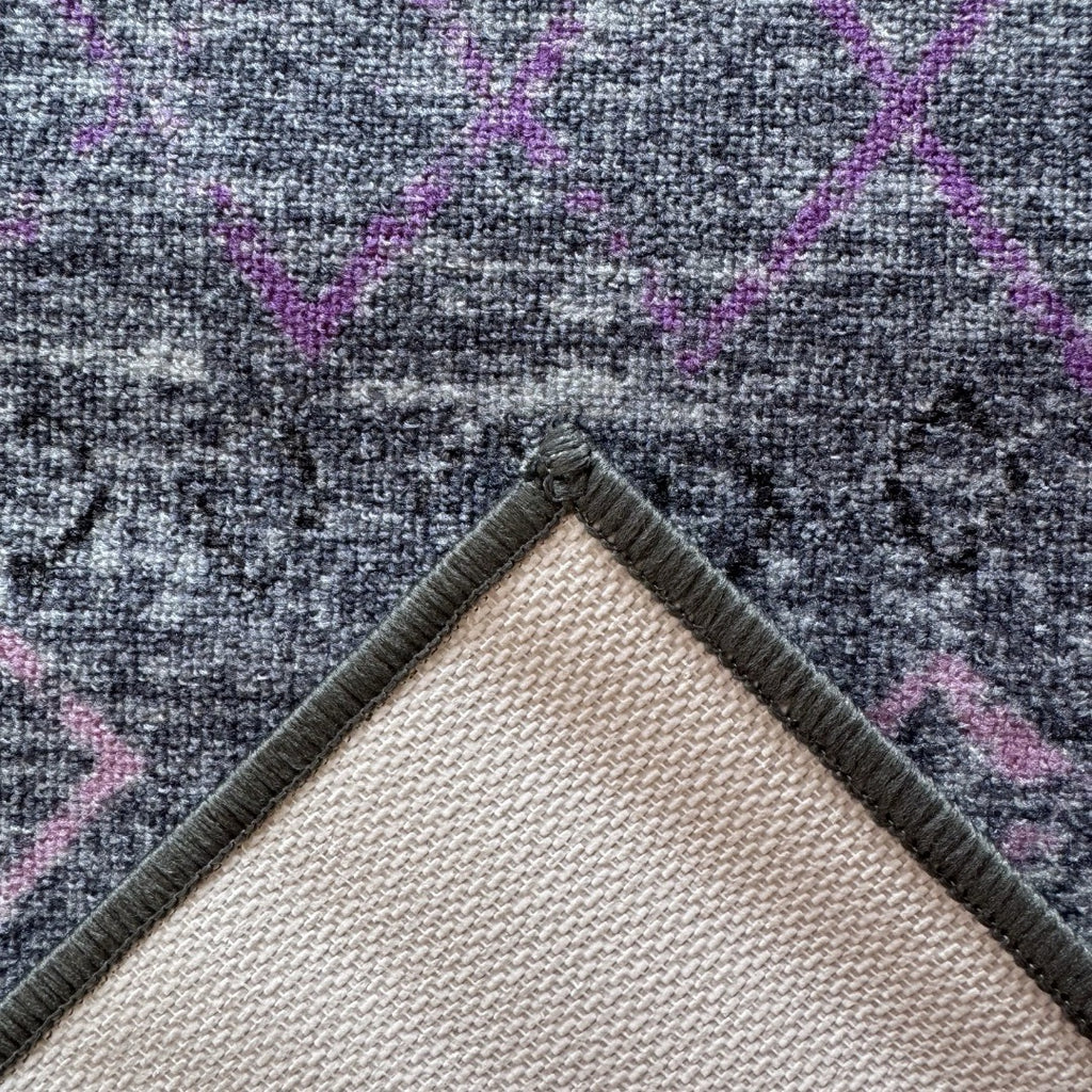 305 x 61 cm Grey & Purple Vintage Geometric Design Non-Slip Runner Rug