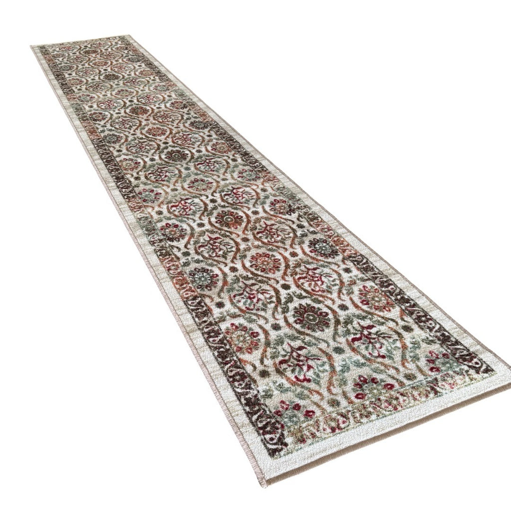 305 x 61 cm Beige, Green & Rust Ornamental Persian Design Non-Slip Runner Rug