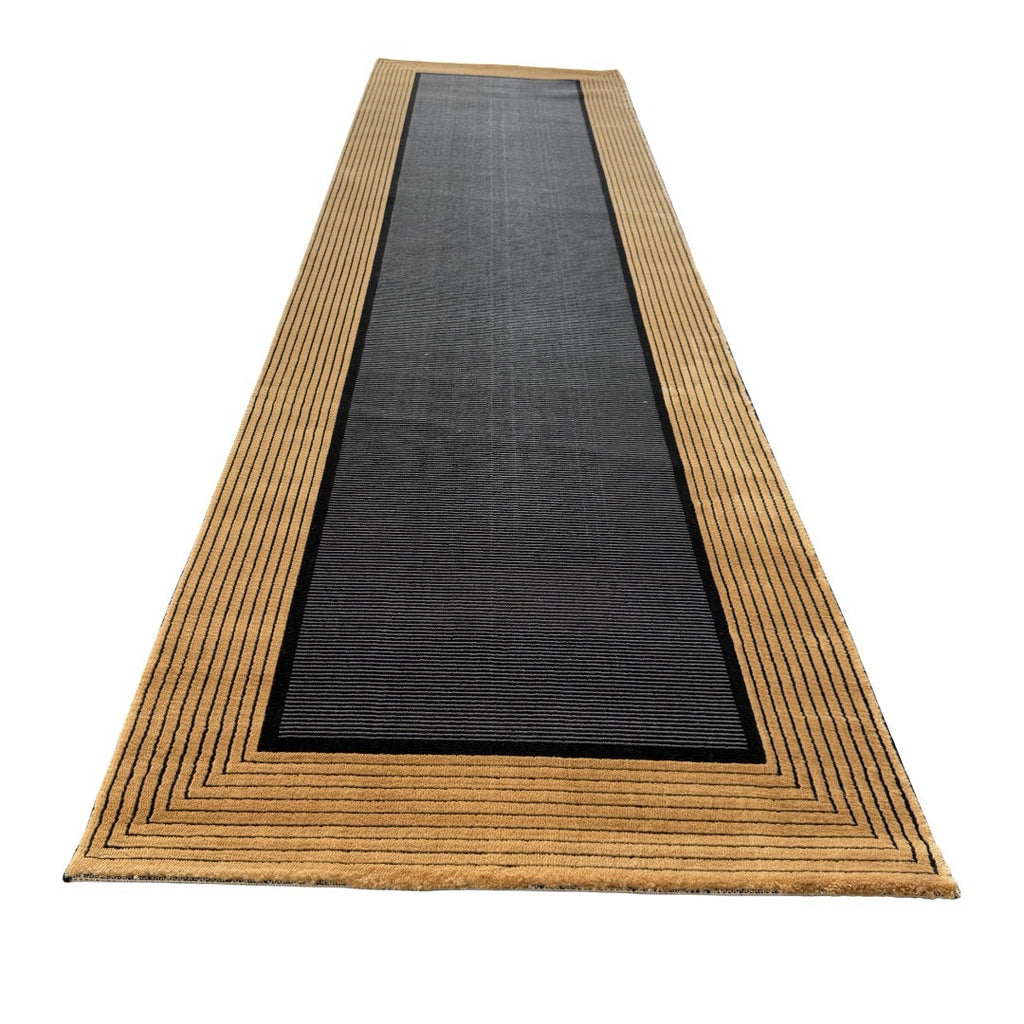 290 x 80 cm Minimal Black & Gold Border Panel Turkish Runner Rug