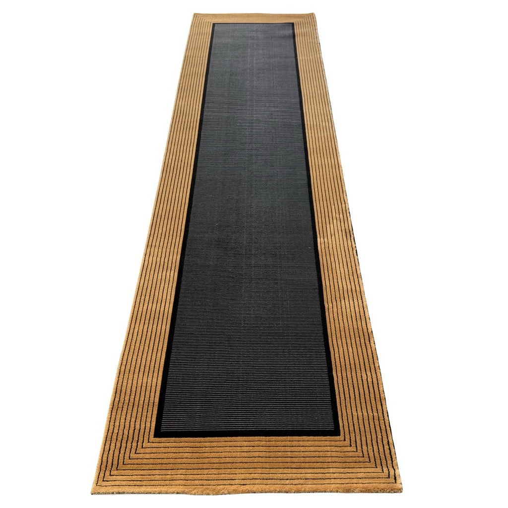 290 x 80 cm Minimal Black & Gold Border Panel Turkish Runner Rug