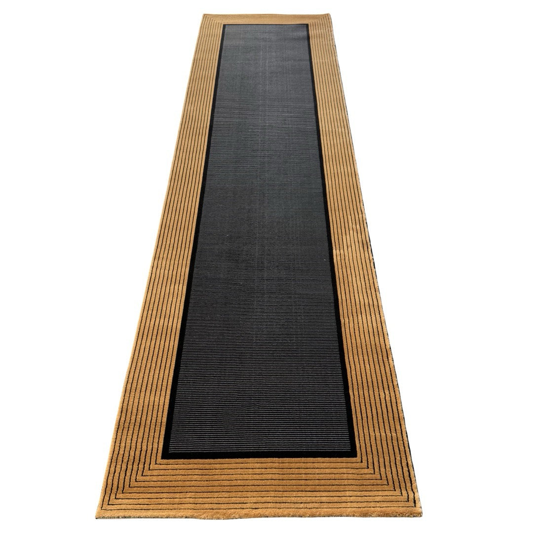 290 x 80 cm Minimal Black & Gold Border Panel Turkish Runner Rug