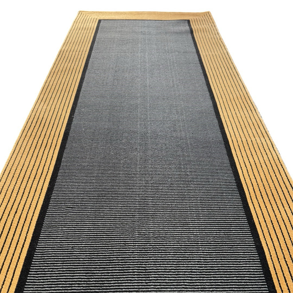 290 x 80 cm Minimal Black & Gold Border Panel Turkish Runner Rug