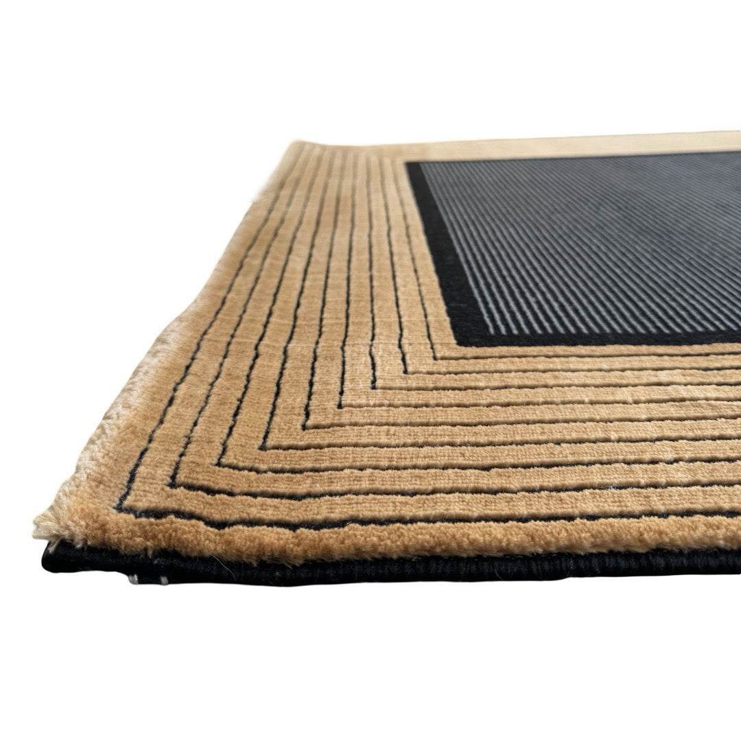 290 x 80 cm Minimal Black & Gold Border Panel Turkish Runner Rug