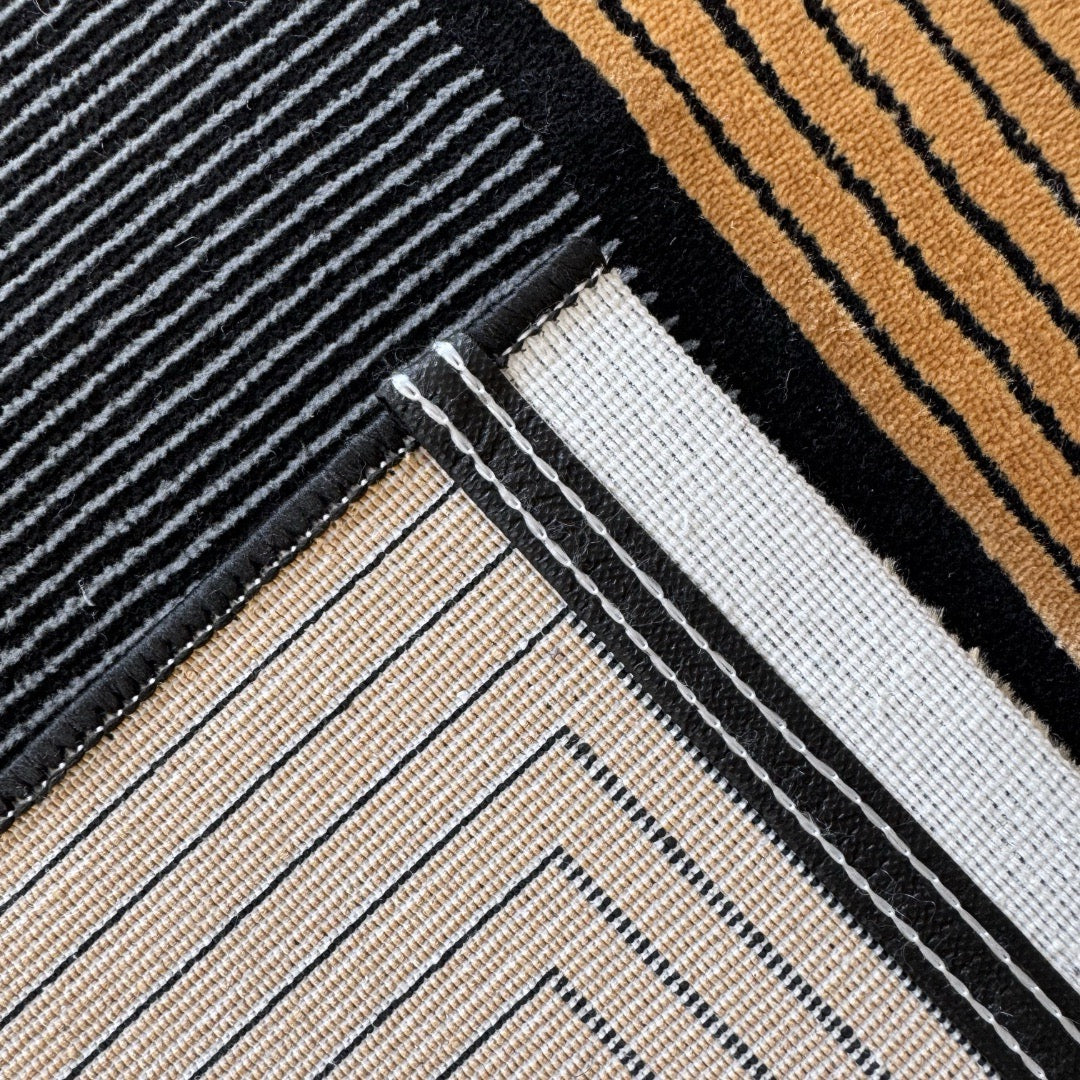 290 x 80 cm Minimal Black & Gold Border Panel Turkish Runner Rug