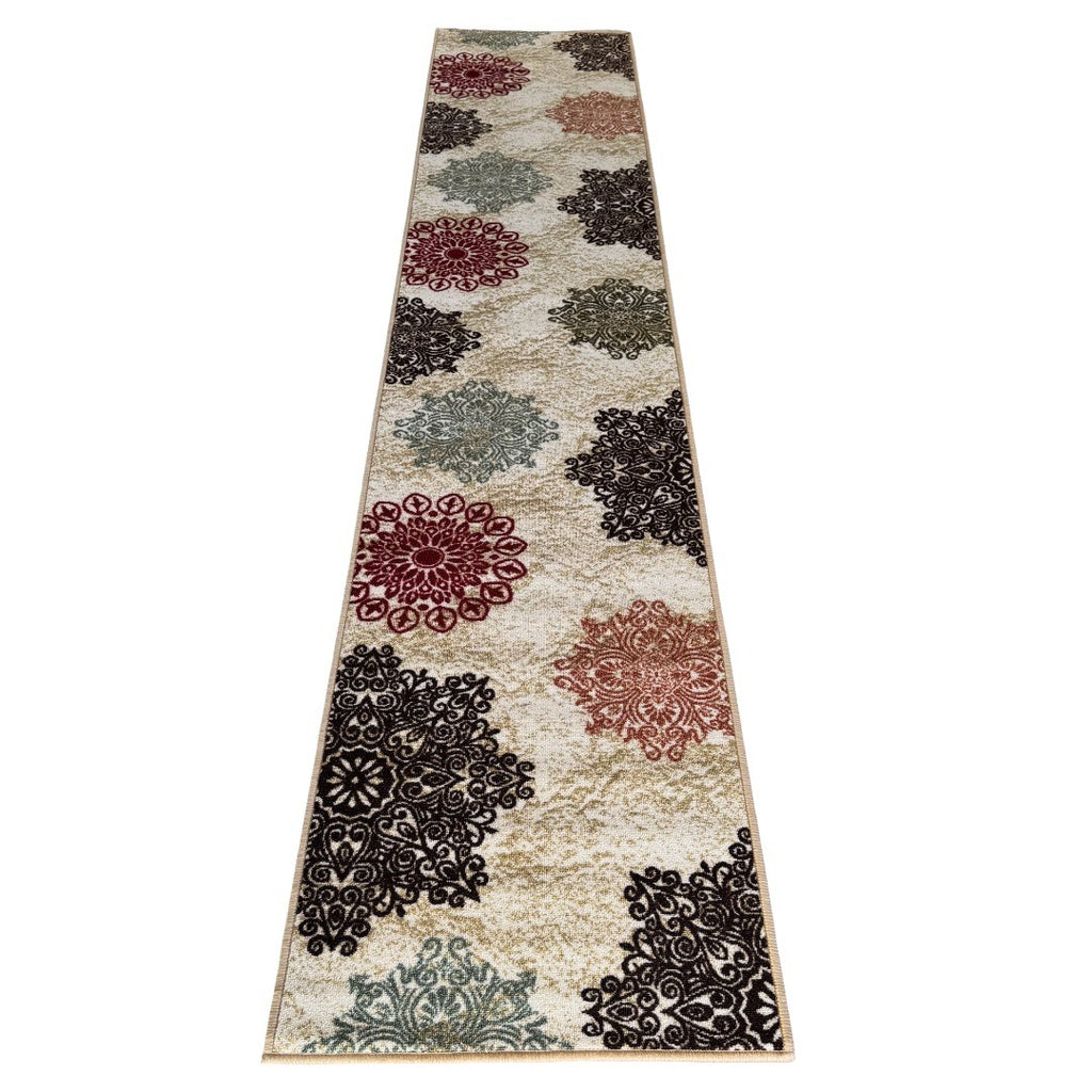 305 x 61 cm Traditional Flower Motifs in Beige Non-Slip Runner Rug