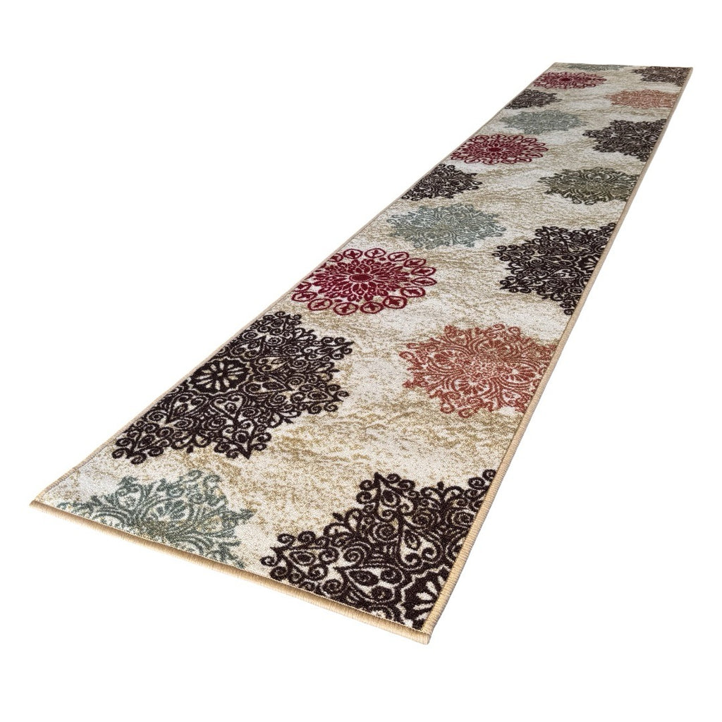 305 x 61 cm Traditional Flower Motifs in Beige Non-Slip Runner Rug