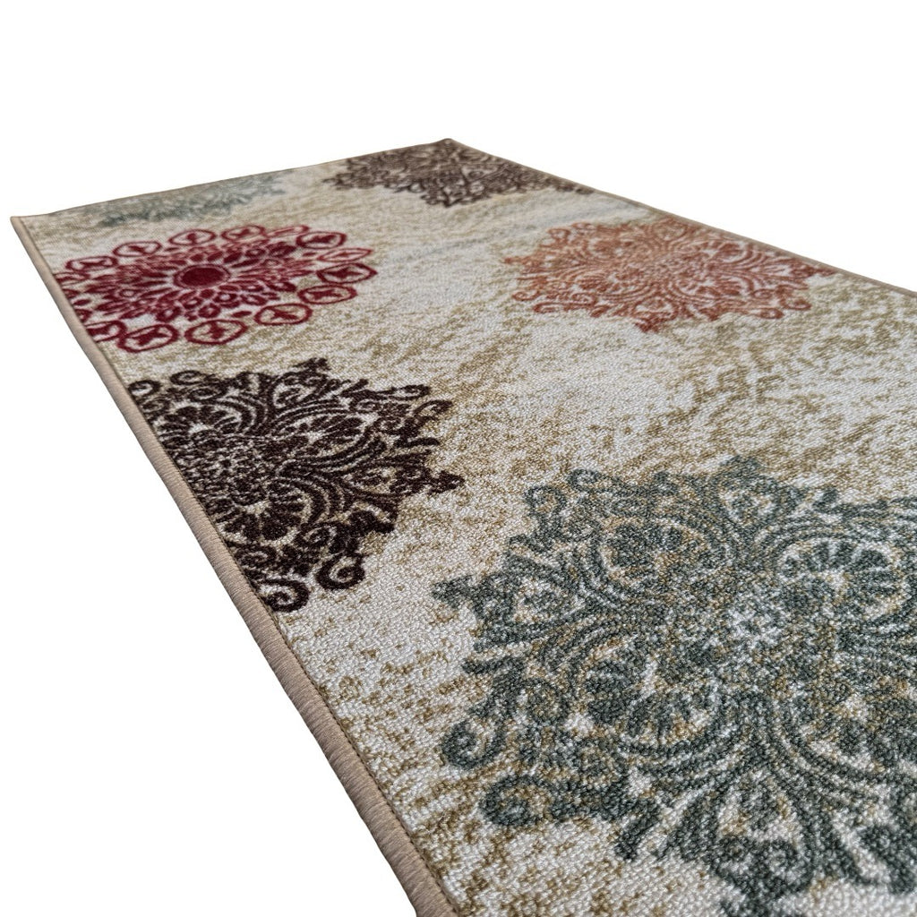 305 x 61 cm Traditional Flower Motifs in Beige Non-Slip Runner Rug
