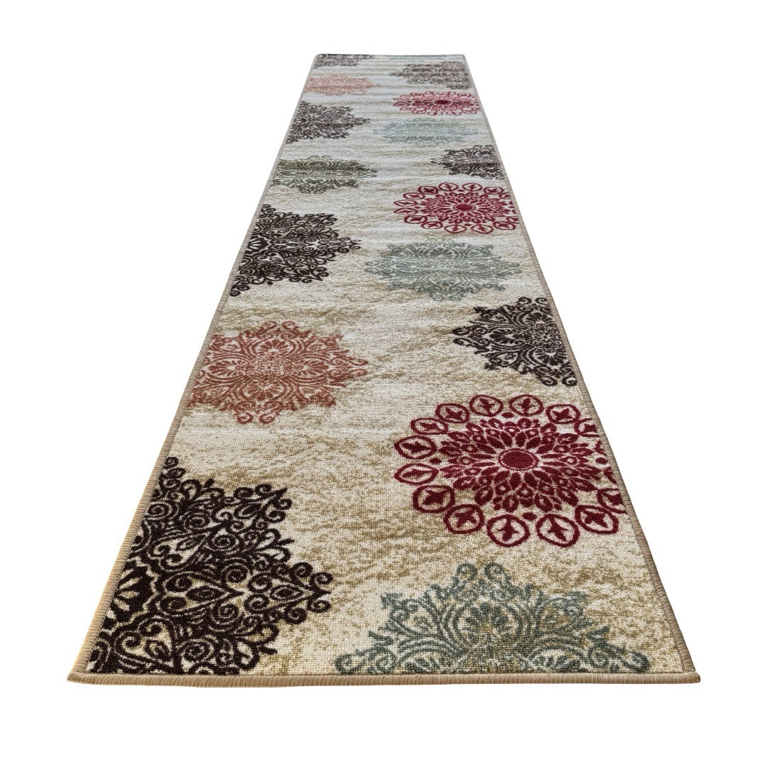 305 x 61 cm Traditional Flower Motifs in Beige Non-Slip Runner Rug