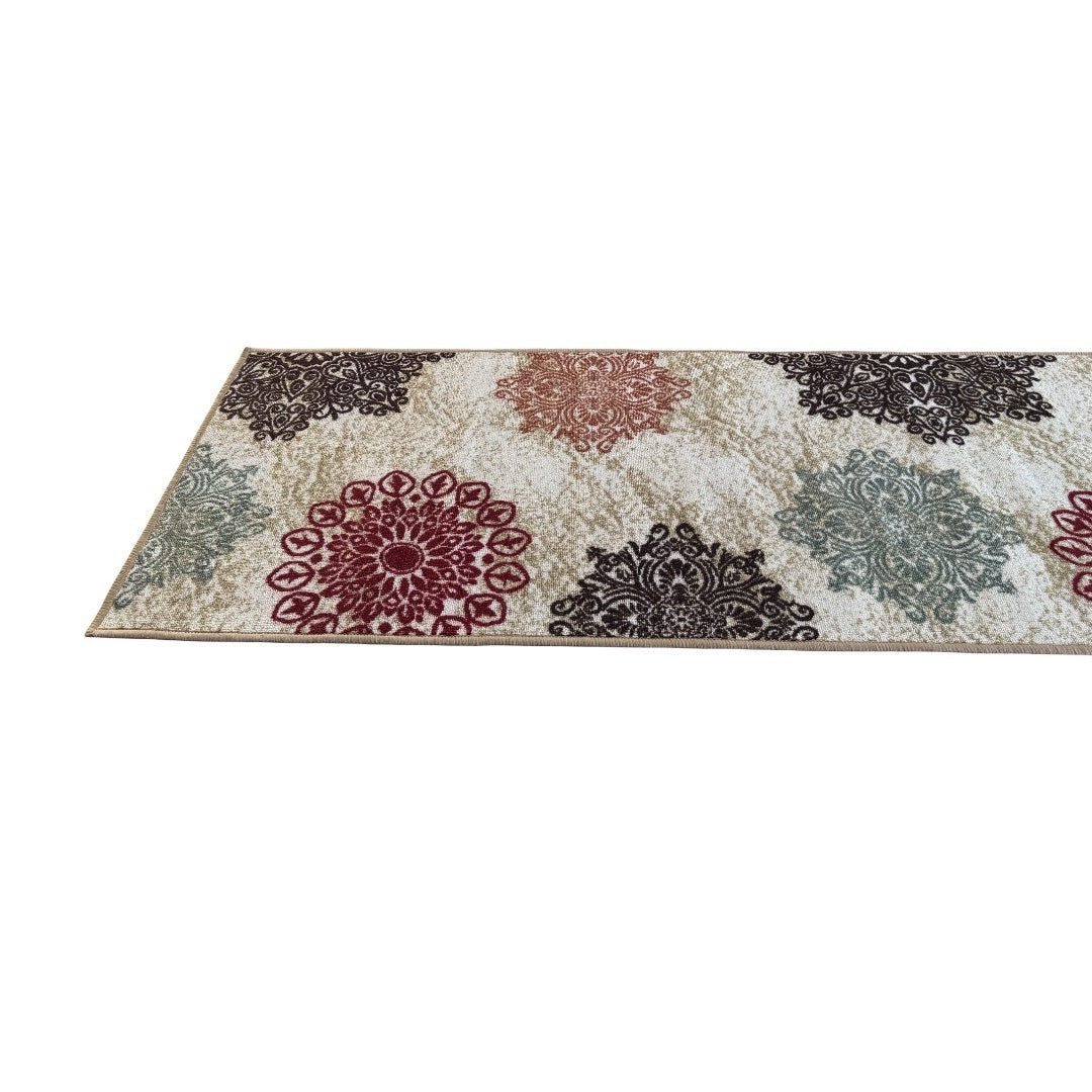305 x 61 cm Traditional Flower Motifs in Beige Non-Slip Runner Rug