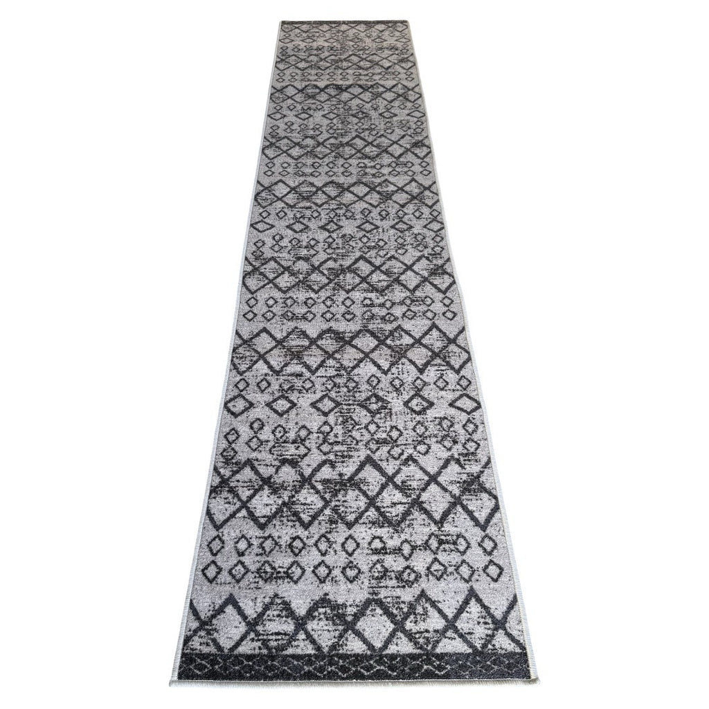 305 x 61 cm Light Grey & Charcoal Vintage Geometric Design Non-Slip Runner Rug