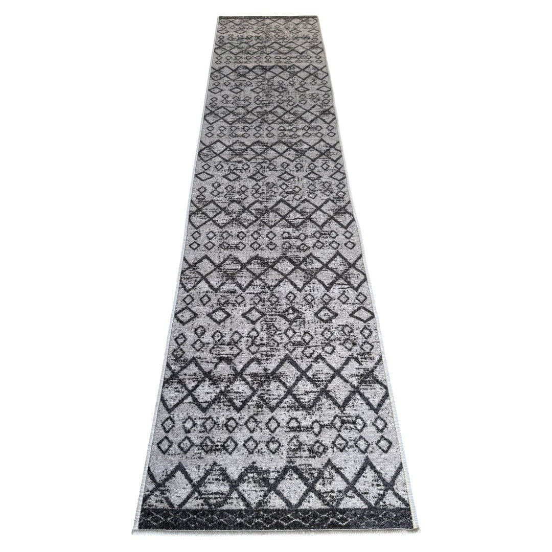 305 x 61 cm Light Grey & Charcoal Vintage Geometric Design Non-Slip Runner Rug