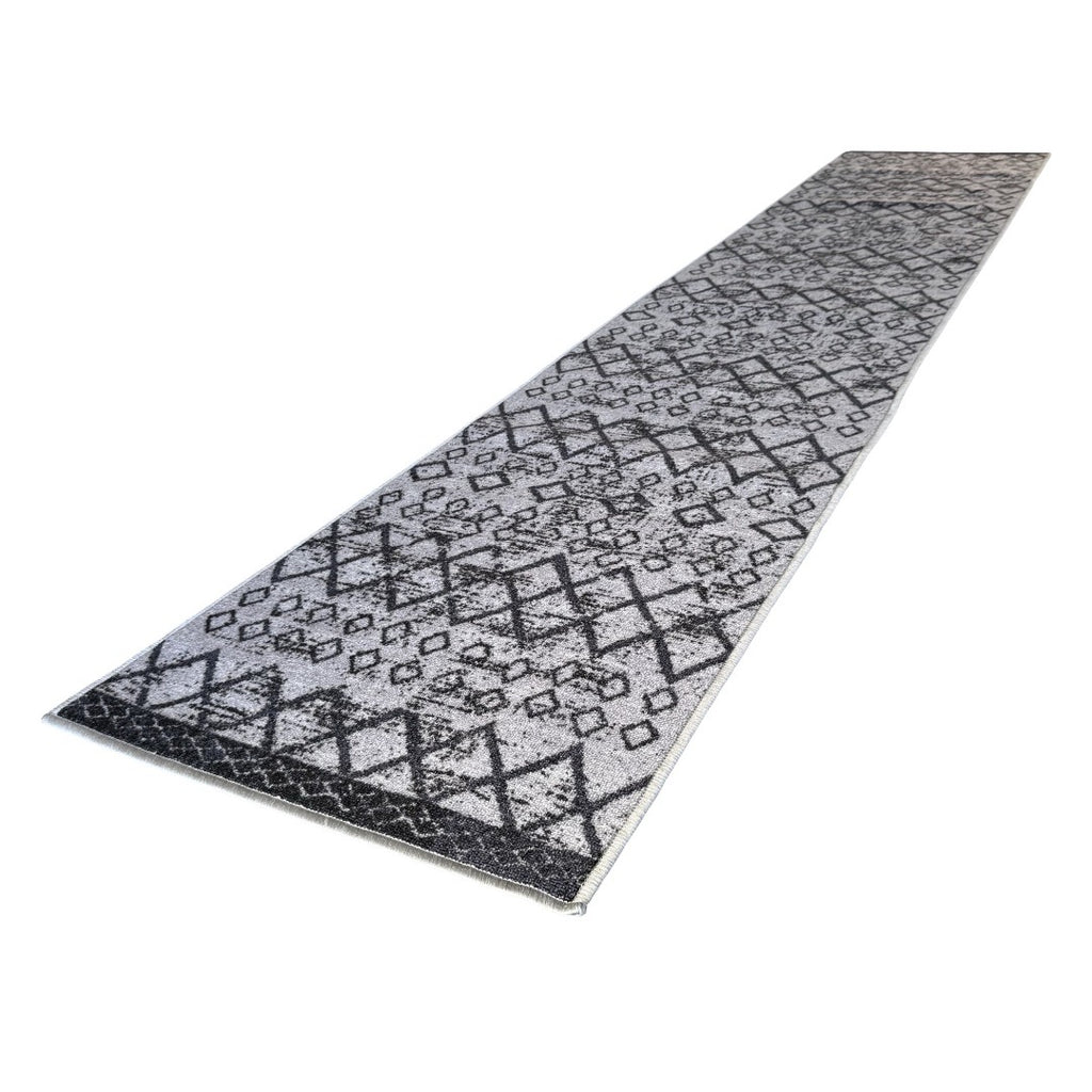 305 x 61 cm Light Grey & Charcoal Vintage Geometric Design Non-Slip Runner Rug