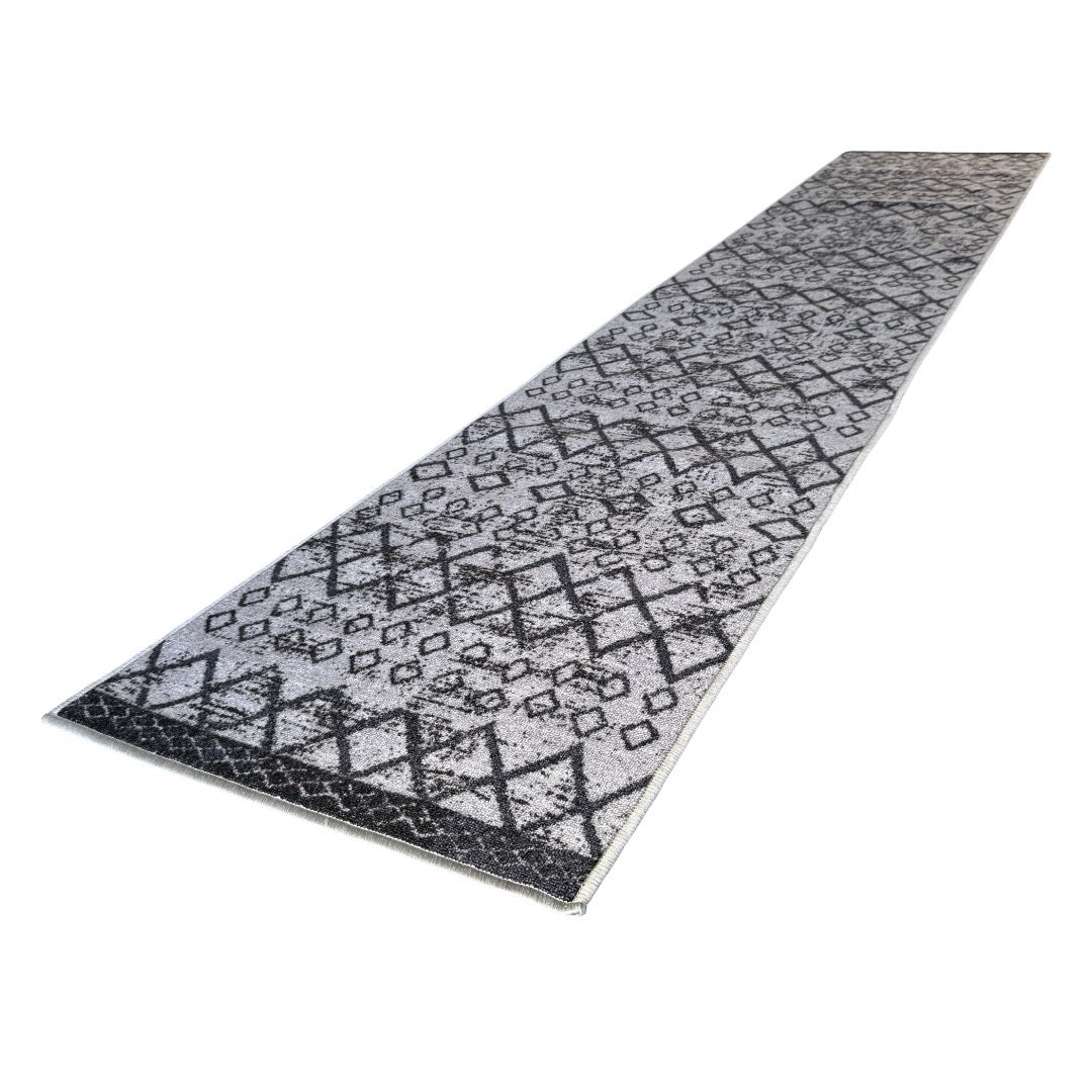 305 x 61 cm Light Grey & Charcoal Vintage Geometric Design Non-Slip Runner Rug