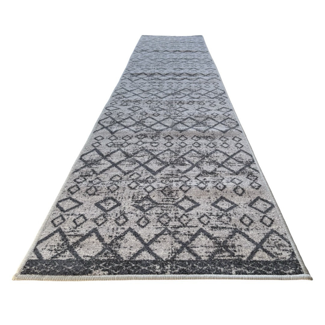 305 x 61 cm Light Grey & Charcoal Vintage Geometric Design Non-Slip Runner Rug