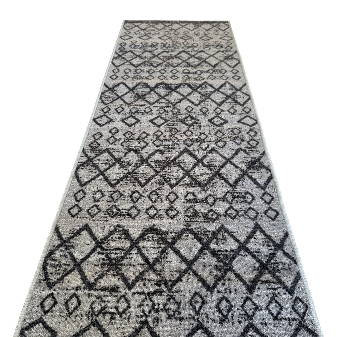 305 x 61 cm Light Grey & Charcoal Vintage Geometric Design Non-Slip Runner Rug