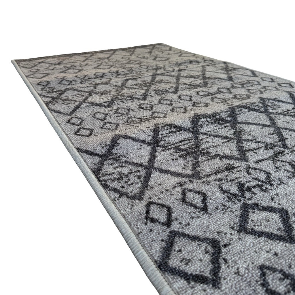 305 x 61 cm Light Grey & Charcoal Vintage Geometric Design Non-Slip Runner Rug