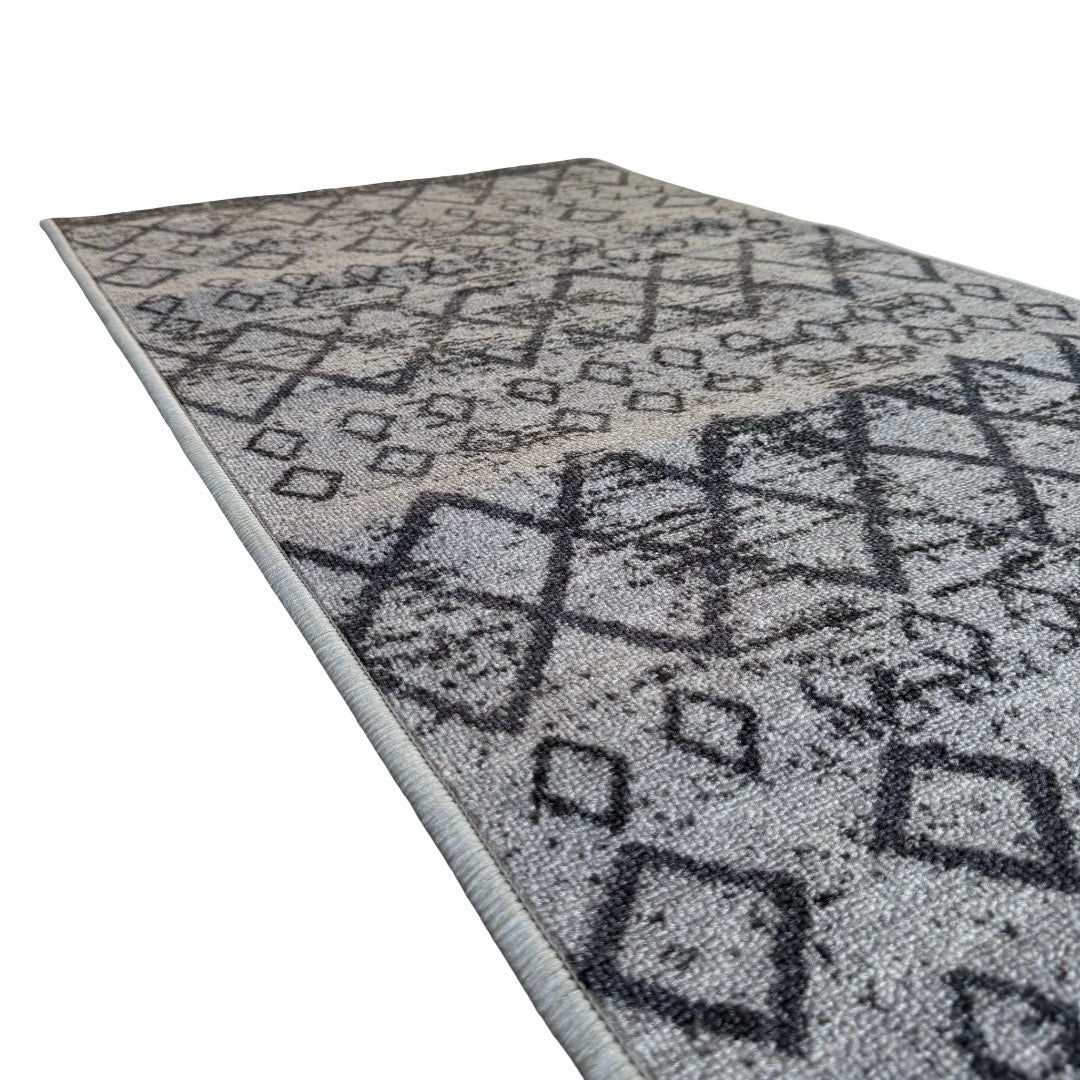 305 x 61 cm Light Grey & Charcoal Vintage Geometric Design Non-Slip Runner Rug