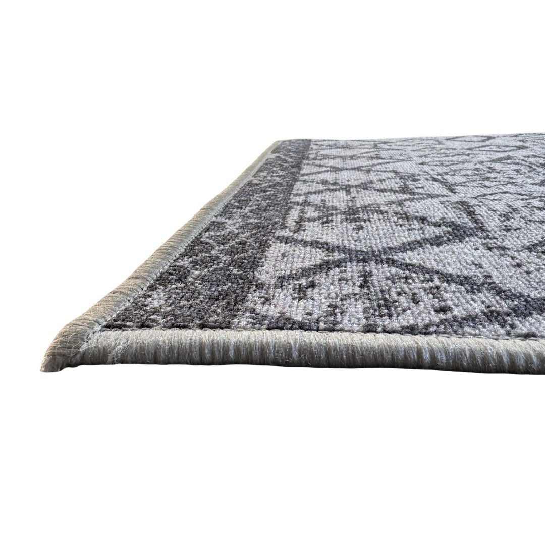 305 x 61 cm Light Grey & Charcoal Vintage Geometric Design Non-Slip Runner Rug