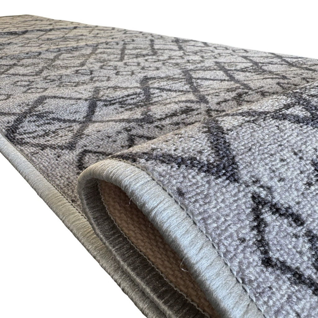 305 x 61 cm Light Grey & Charcoal Vintage Geometric Design Non-Slip Runner Rug