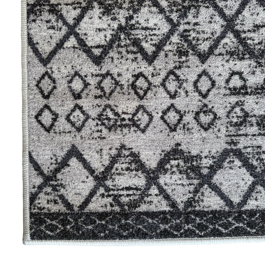 305 x 61 cm Light Grey & Charcoal Vintage Geometric Design Non-Slip Runner Rug