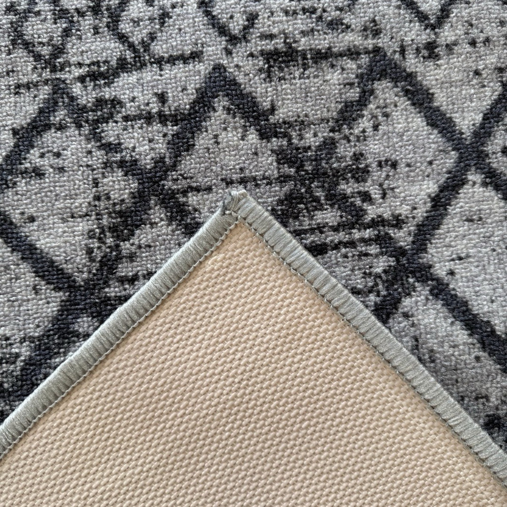 305 x 61 cm Light Grey & Charcoal Vintage Geometric Design Non-Slip Runner Rug