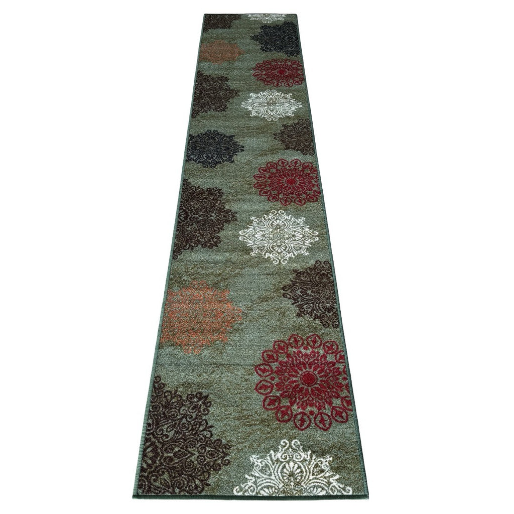 305 x 61 cm Traditional Flower Motifs in Sage Green Non-Slip Runner Rug