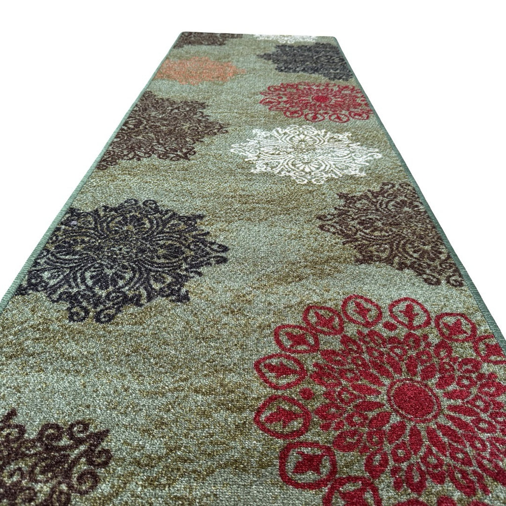 305 x 61 cm Traditional Flower Motifs in Sage Green Non-Slip Runner Rug