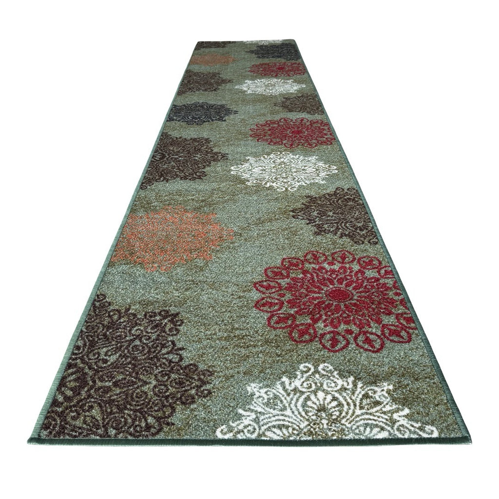 305 x 61 cm Traditional Flower Motifs in Sage Green Non-Slip Runner Rug