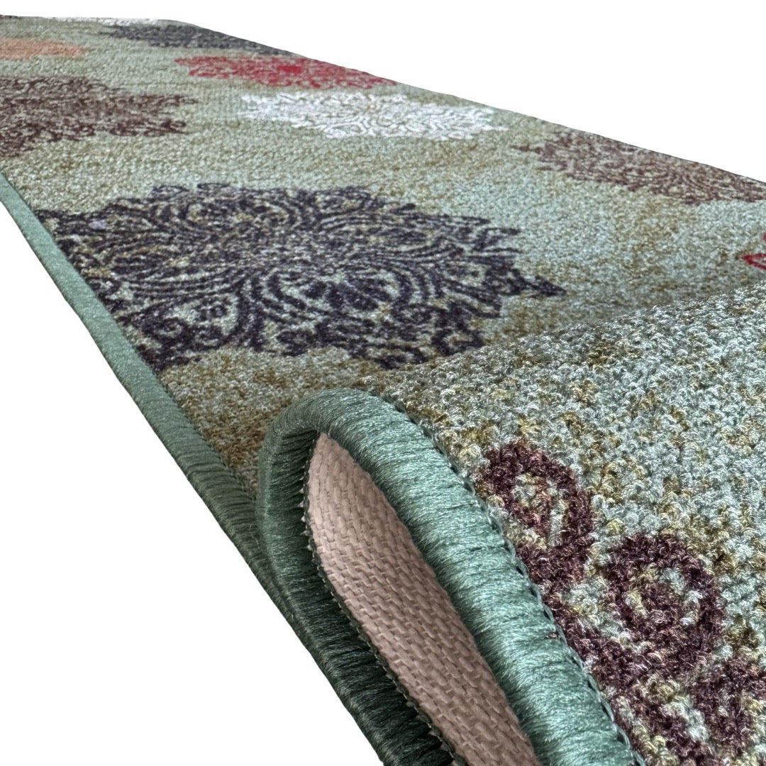 305 x 61 cm Traditional Flower Motifs in Sage Green Non-Slip Runner Rug