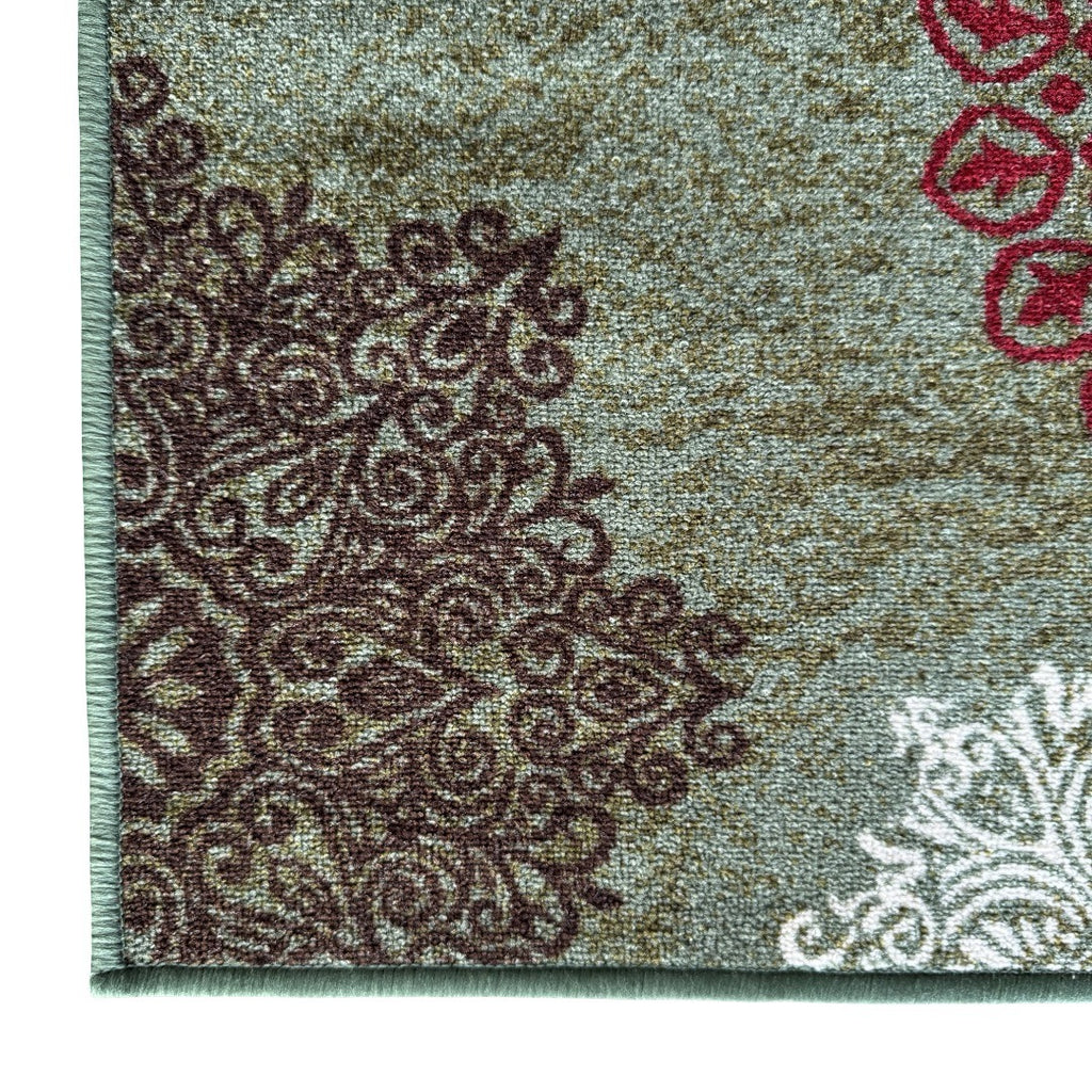 305 x 61 cm Traditional Flower Motifs in Sage Green Non-Slip Runner Rug