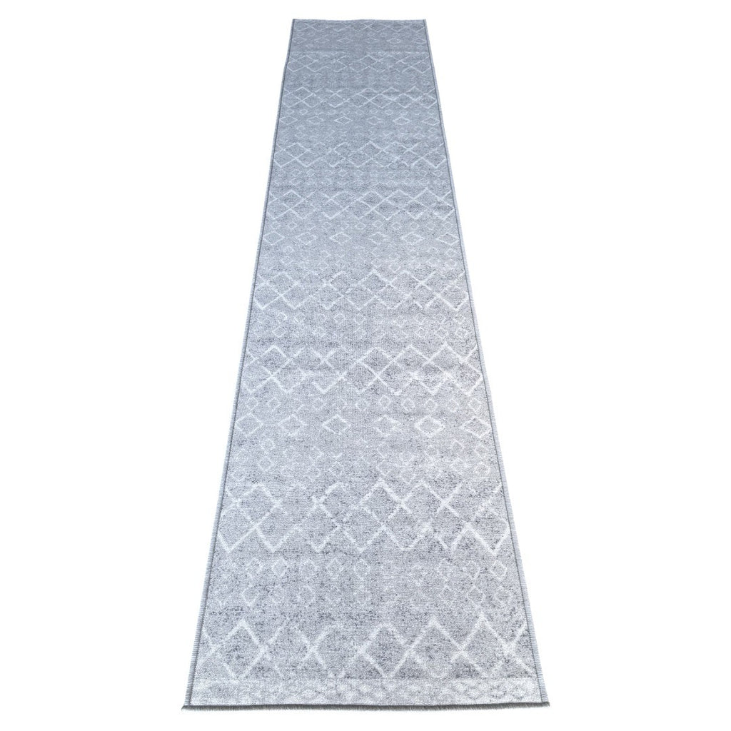 305 x 61 cm Light Grey & Ivory Vintage Geometric Design Non-Slip Runner Rug