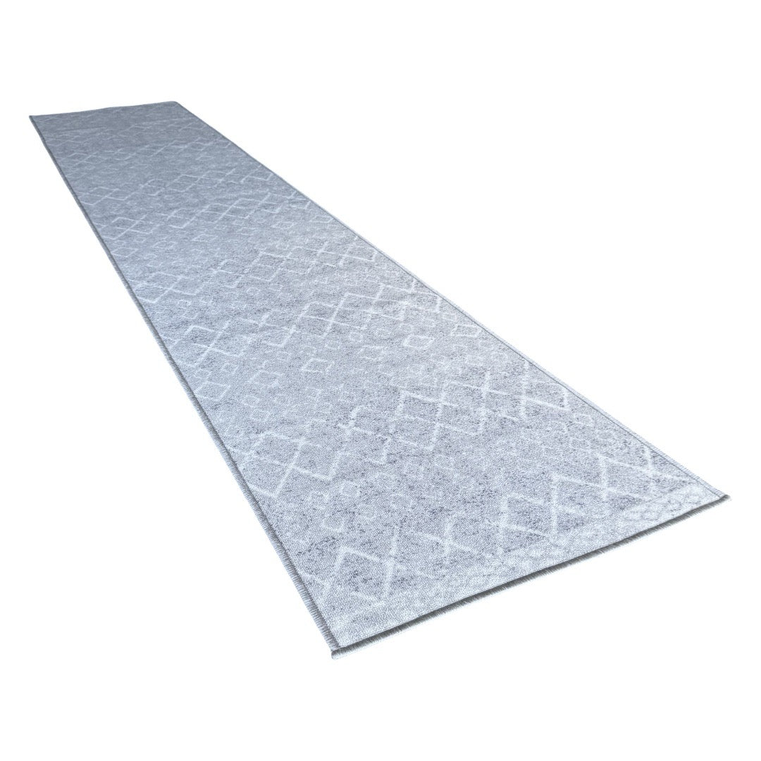 305 x 61 cm Light Grey & Ivory Vintage Geometric Design Non-Slip Runner Rug