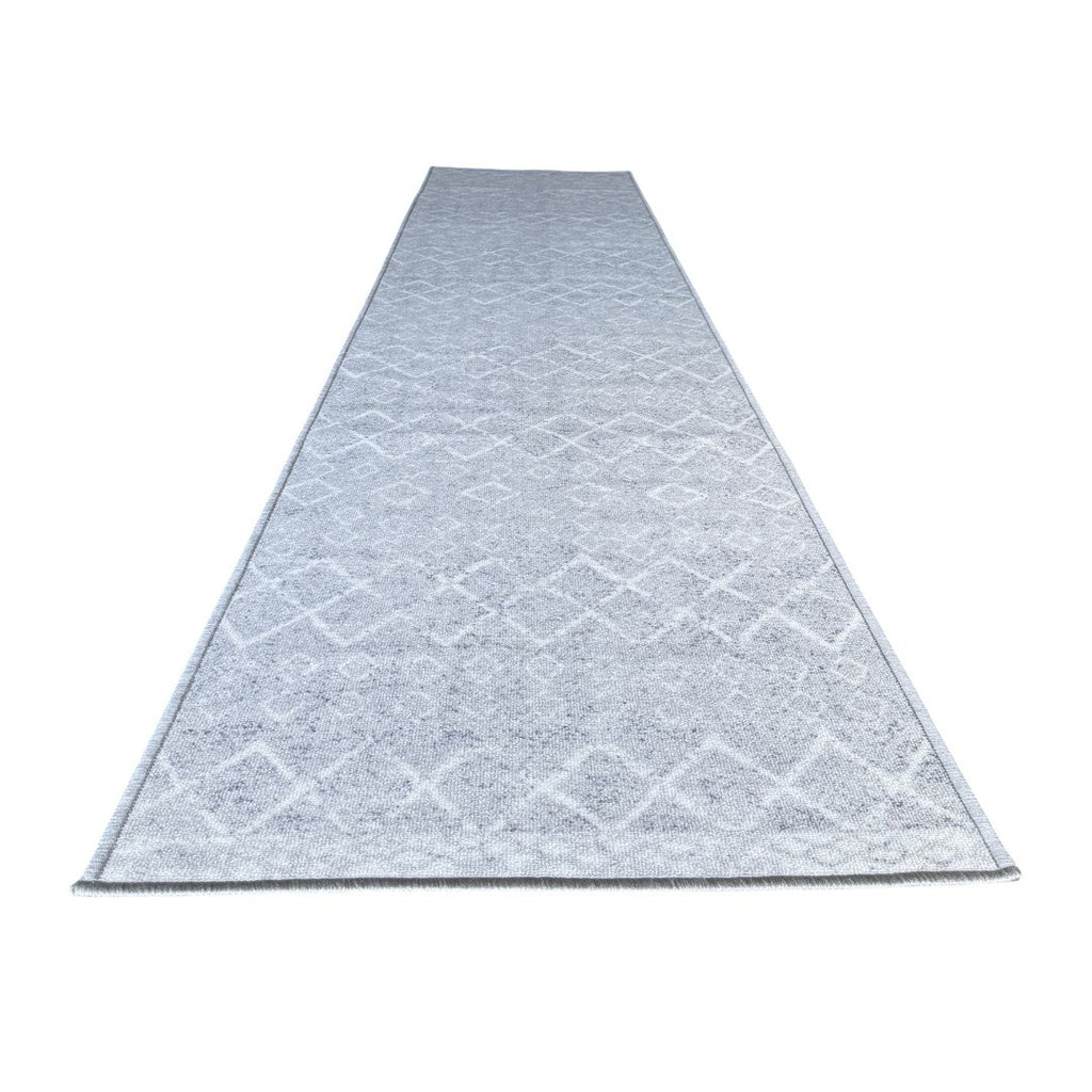 305 x 61 cm Light Grey & Ivory Vintage Geometric Design Non-Slip Runner Rug