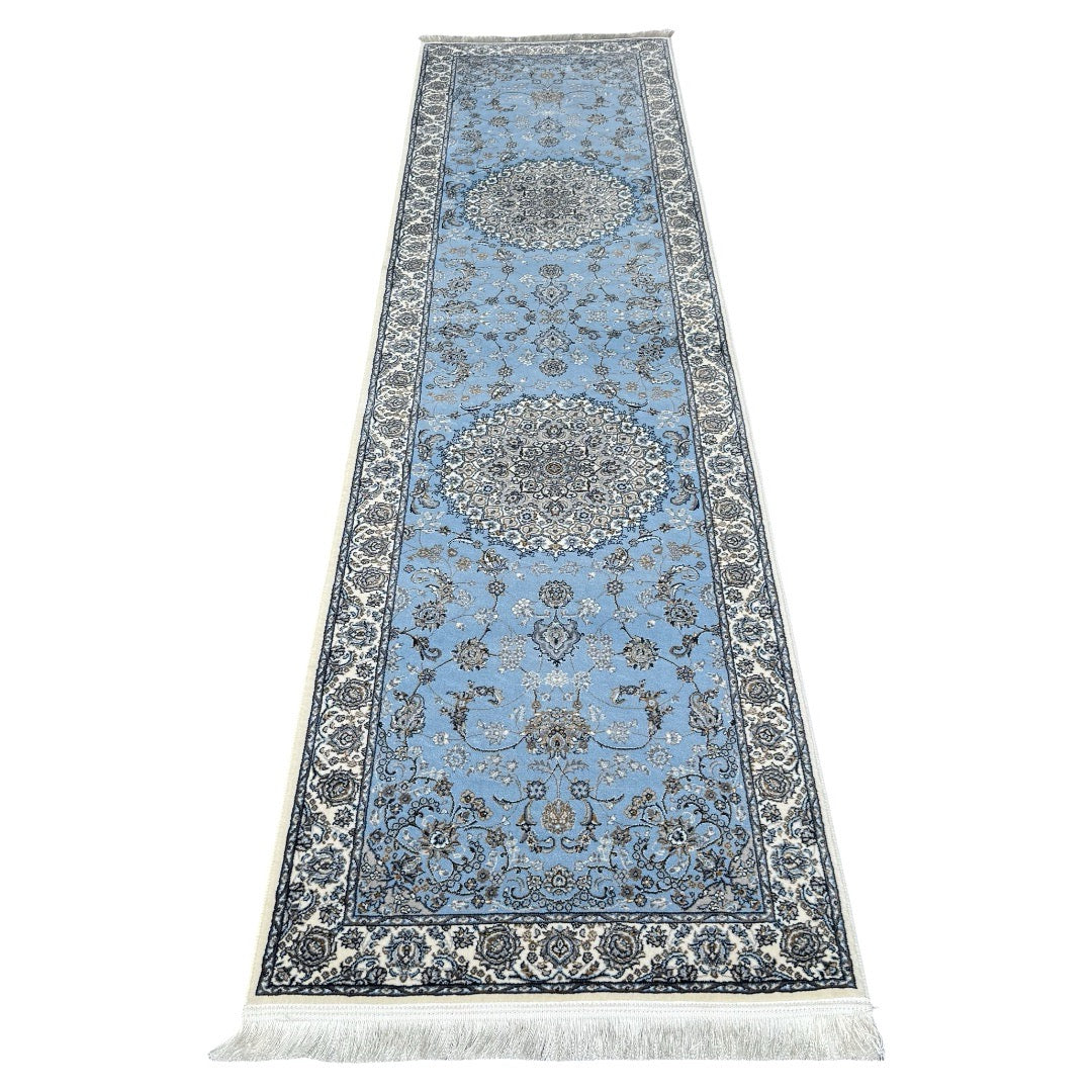 300 x 80 cm Sky Blue & Cream Floral Medallion Traditional Runner Rug
