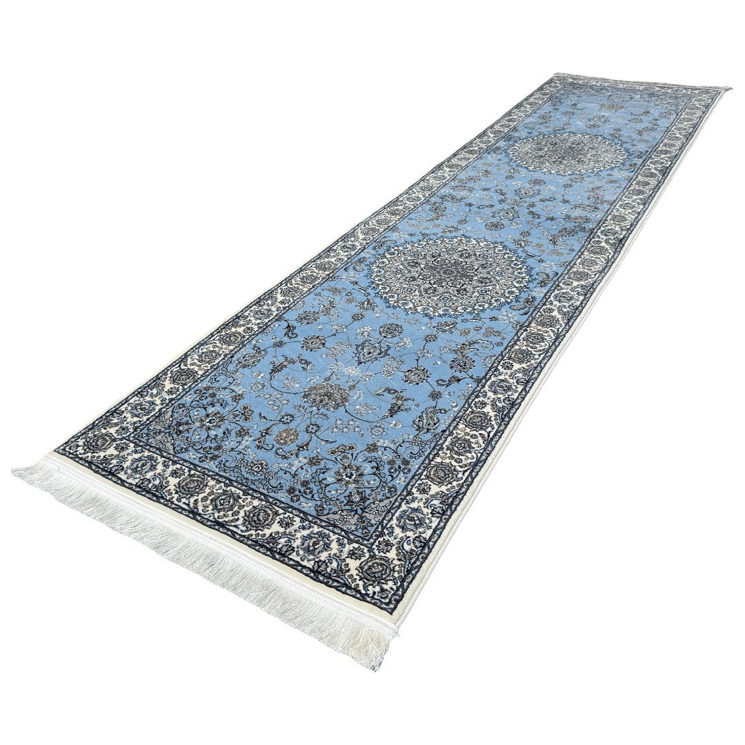 300 x 80 cm Sky Blue & Cream Floral Medallion Traditional Runner Rug