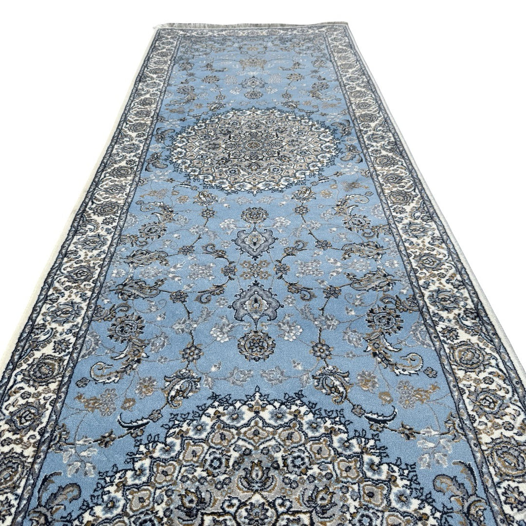 300 x 80 cm Sky Blue & Cream Floral Medallion Traditional Runner Rug