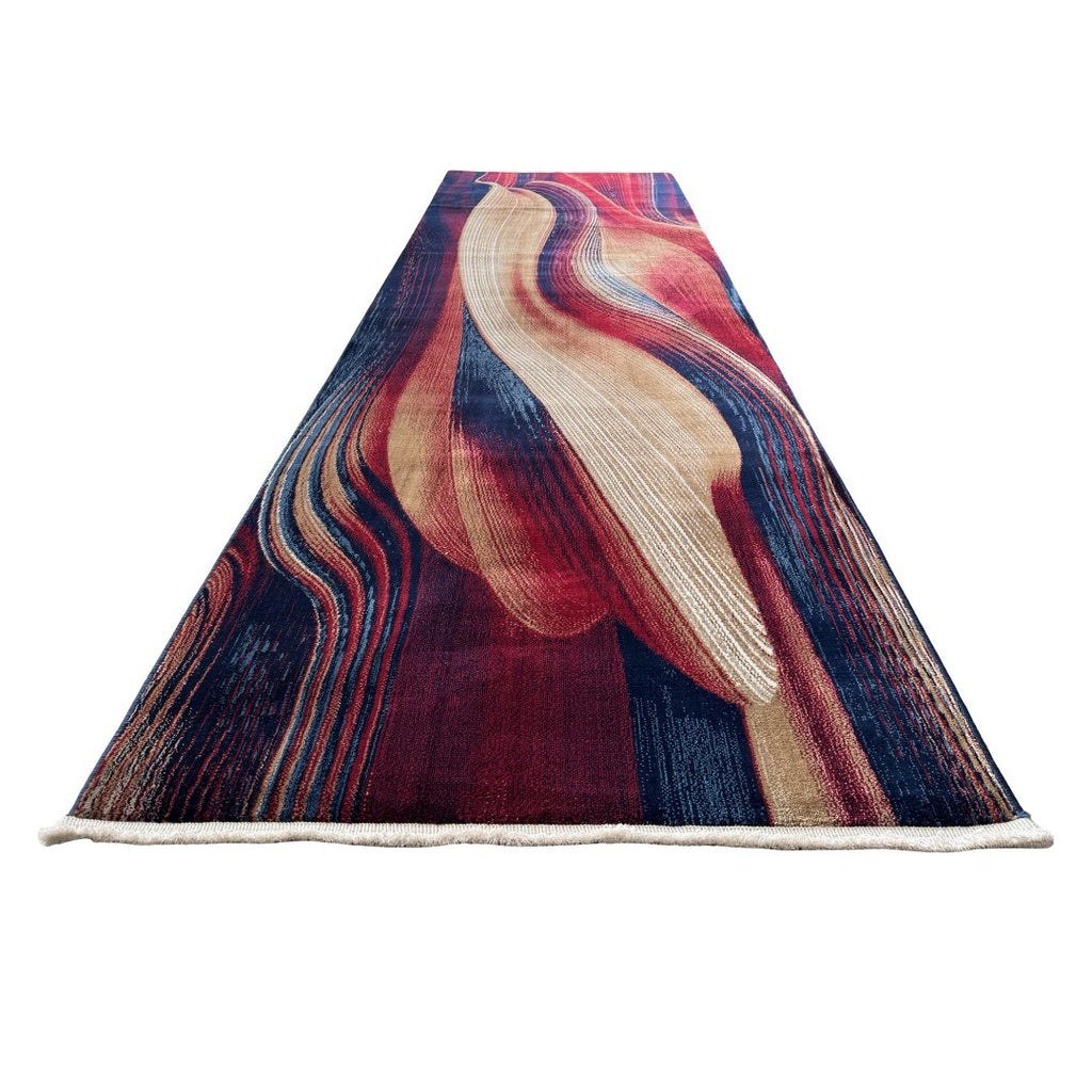 290 x 80 cm Burgundy, Beige & Navy Abstract Swirl Runner Rug