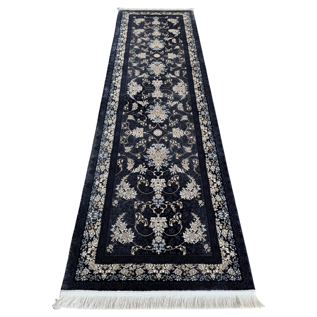 300 x 80 cm Navy, Grey & Gold Ornate Floral Persian Runner Rug