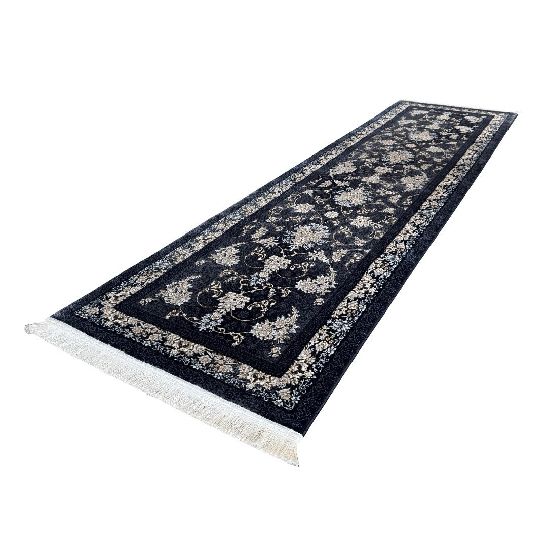 300 x 80 cm Navy, Grey & Gold Ornate Floral Persian Runner Rug