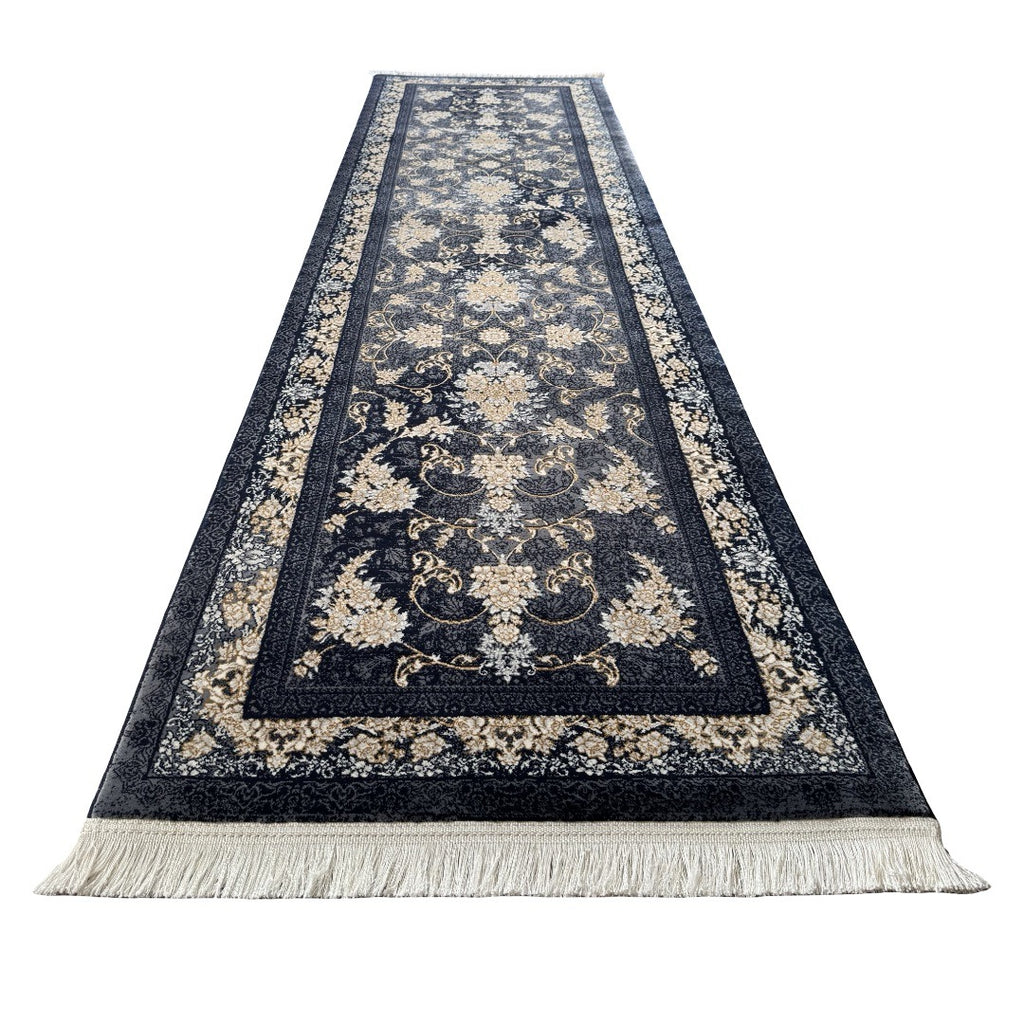 300 x 80 cm Navy, Grey & Gold Ornate Floral Persian Runner Rug