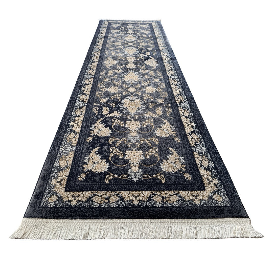 300 x 80 cm Navy, Grey & Gold Ornate Floral Persian Runner Rug