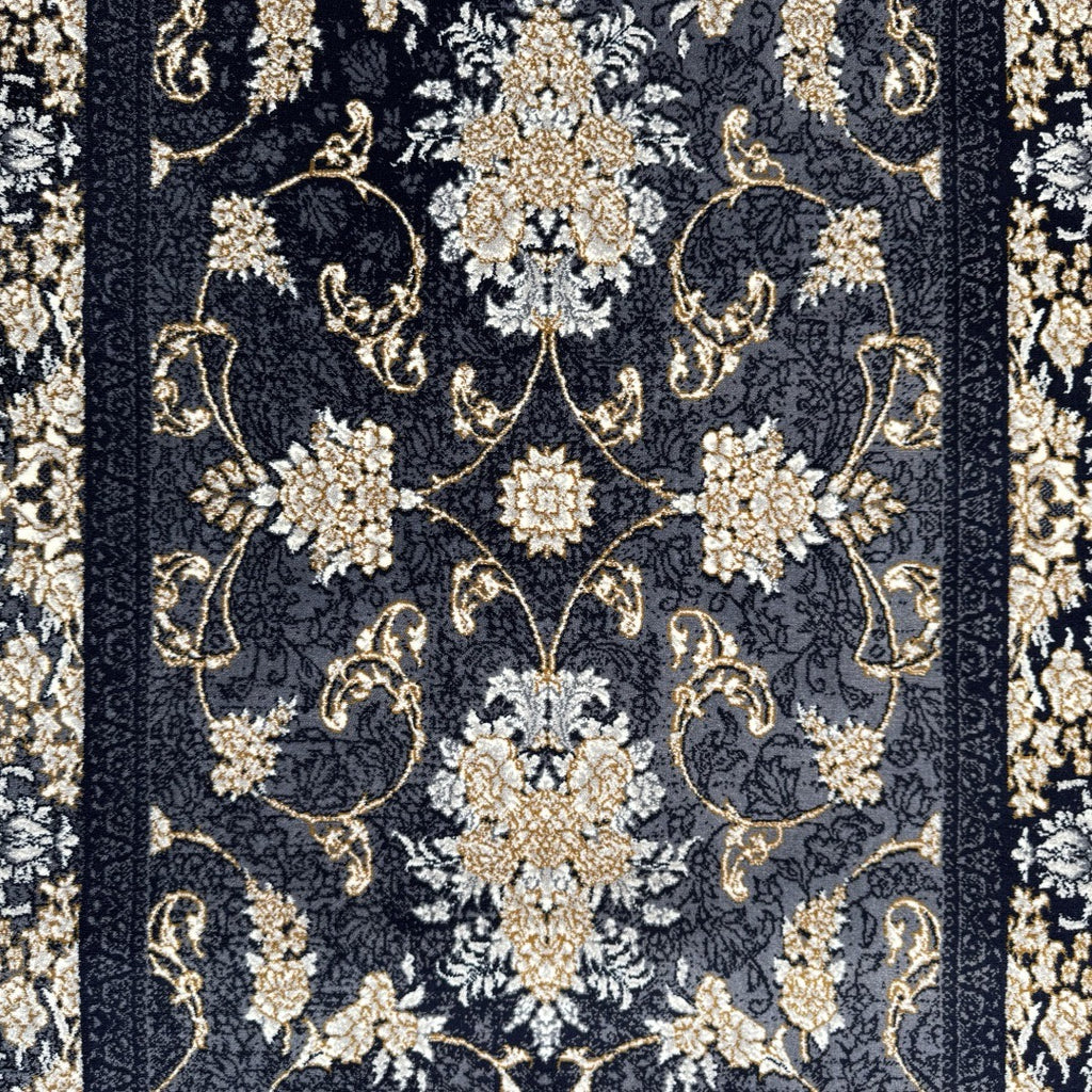 300 x 80 cm Navy, Grey & Gold Ornate Floral Persian Runner Rug