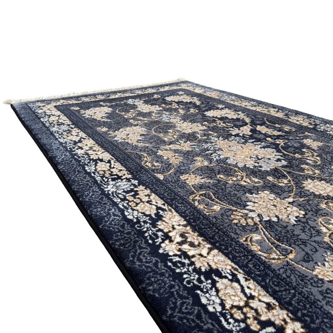 300 x 80 cm Navy, Grey & Gold Ornate Floral Persian Runner Rug
