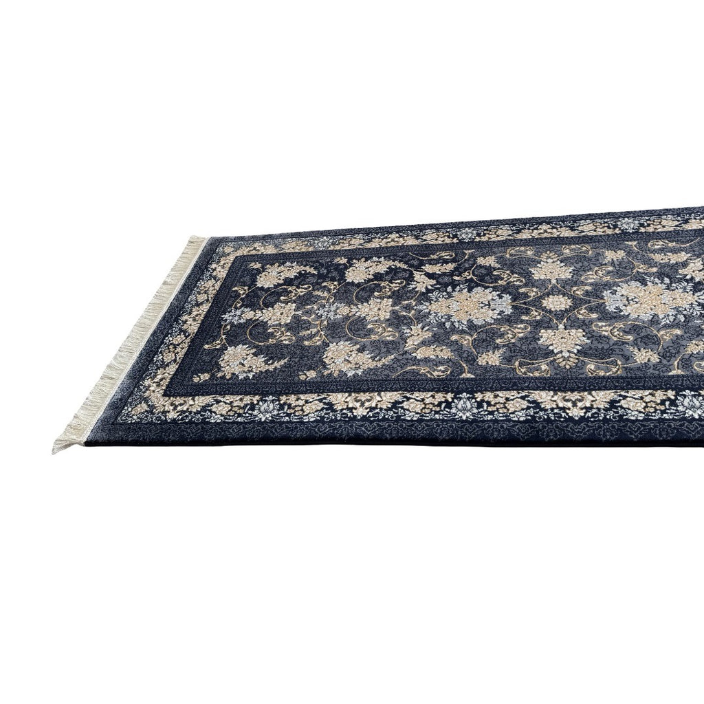 300 x 80 cm Navy, Grey & Gold Ornate Floral Persian Runner Rug