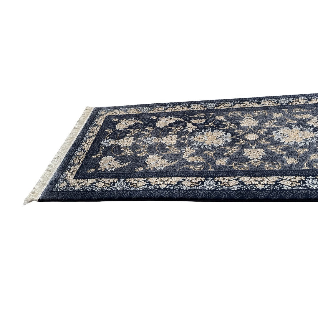 300 x 80 cm Navy, Grey & Gold Ornate Floral Persian Runner Rug