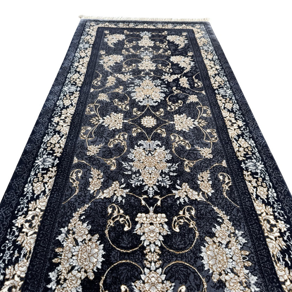 300 x 80 cm Navy, Grey & Gold Ornate Floral Persian Runner Rug