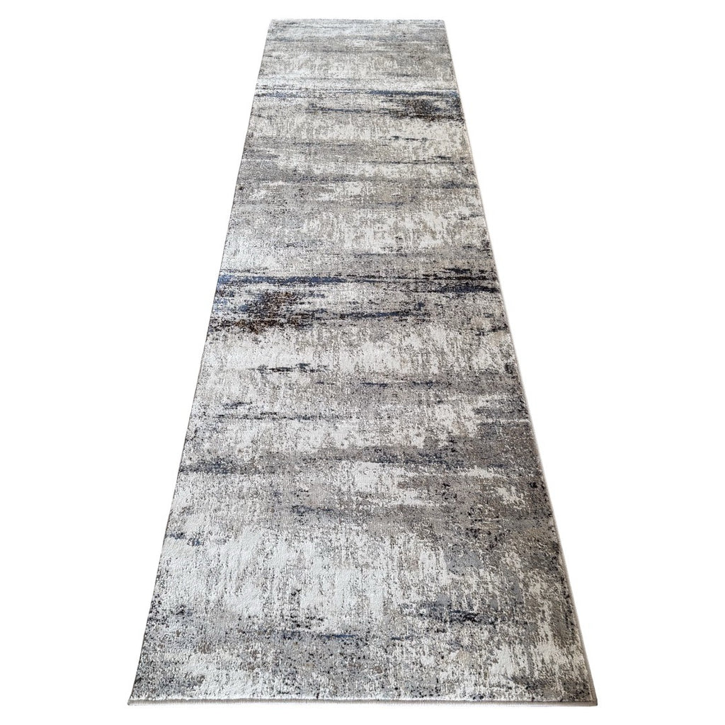 300 x 80 cm Grey & Ivory Abstract Runner Rug with Navy Accents