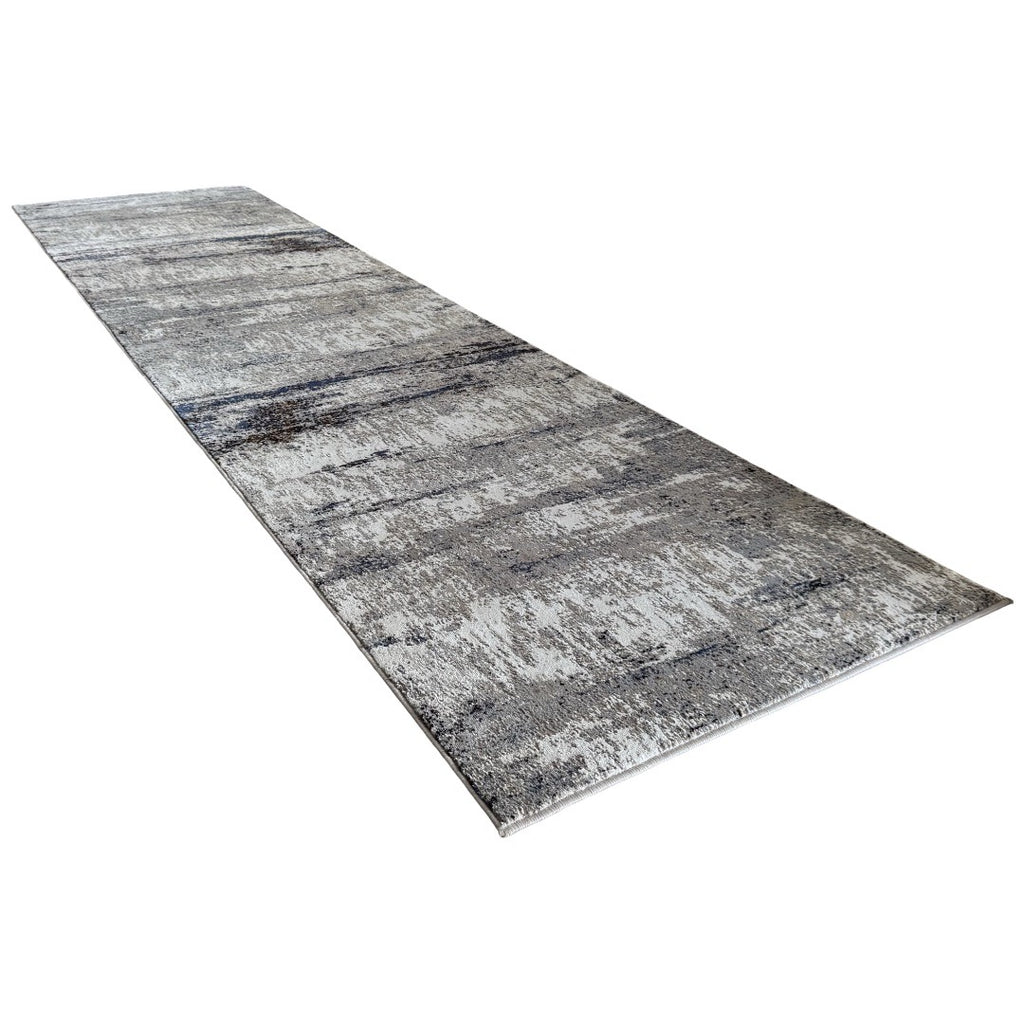300 x 80 cm Grey & Ivory Abstract Runner Rug with Navy Accents