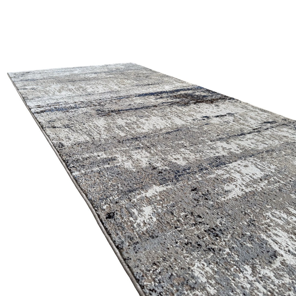 300 x 80 cm Grey & Ivory Abstract Runner Rug with Navy Accents