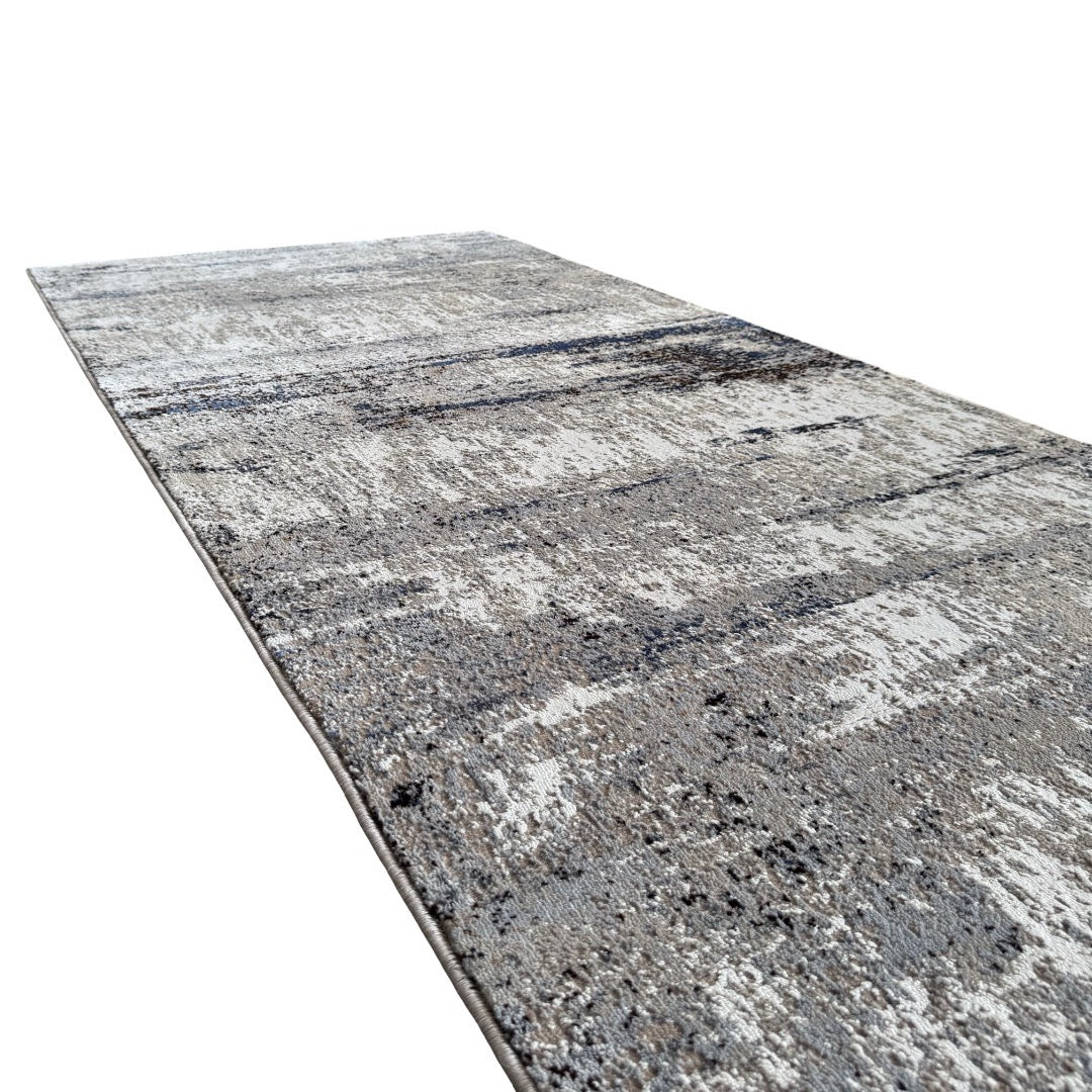 300 x 80 cm Grey & Ivory Abstract Runner Rug with Navy Accents